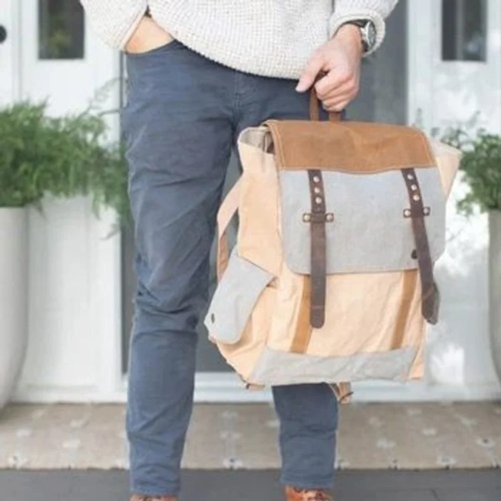 Sugarboo and Co. Canvas Rucksack Backpack OS Tan Grey Excellent Flap Top Straps